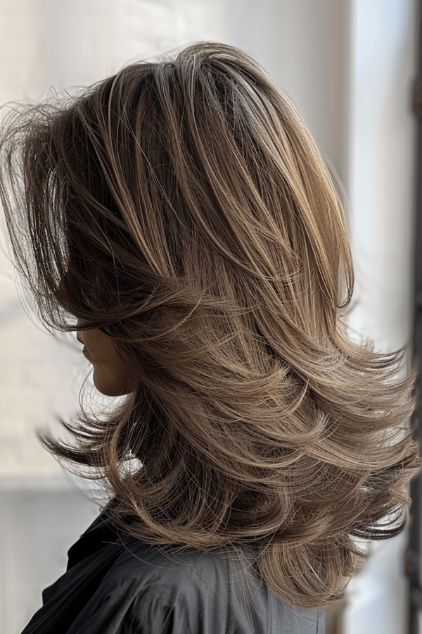 Brunette Voluminous Feathered Layers, Mid-Length Layered Haircut