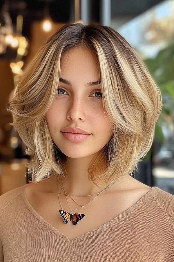 40 Layered Bob Haircuts to Try Now : Blonde Wavy Bob with Curtain Bangs