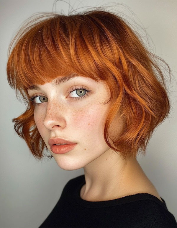 40 Cute Short Haircuts & Hairstyles : Vibrant Copper Bob with Soft Waves and Full Fringe