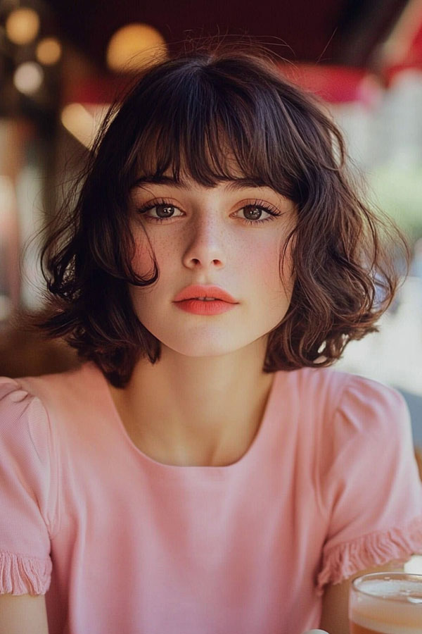 Deep Brunette Tousled Waves, French bob haircut, parisian bob haircut, french bob hairstyle with bangs