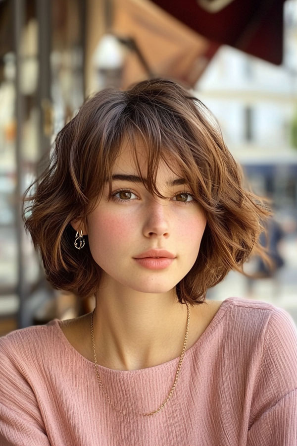 Warm Chestnut Tousled Bob, French bob haircut, parisian bob haircut, french bob hairstyle with bangs