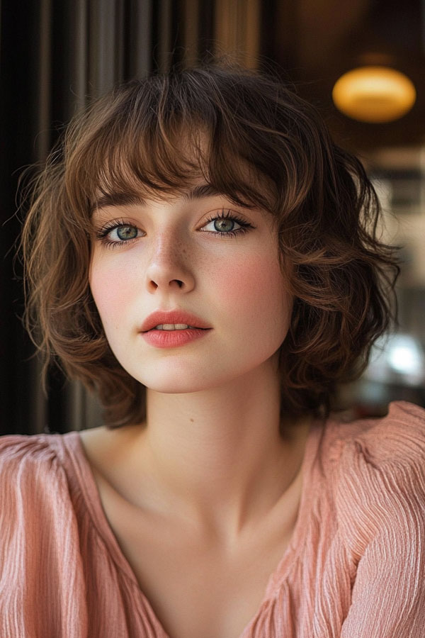 Rich Medium Brown Curled Bob, French bob haircut, parisian bob haircut, french bob hairstyle with bangs