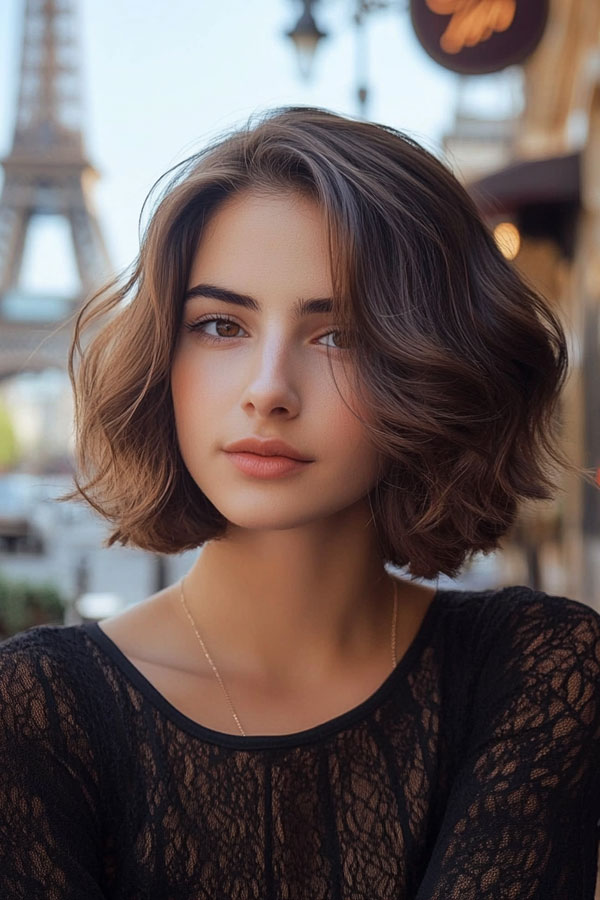 Modern Elegance Voluminous Waves, French bob haircut, parisian bob haircut, french bob hairstyle with bangs