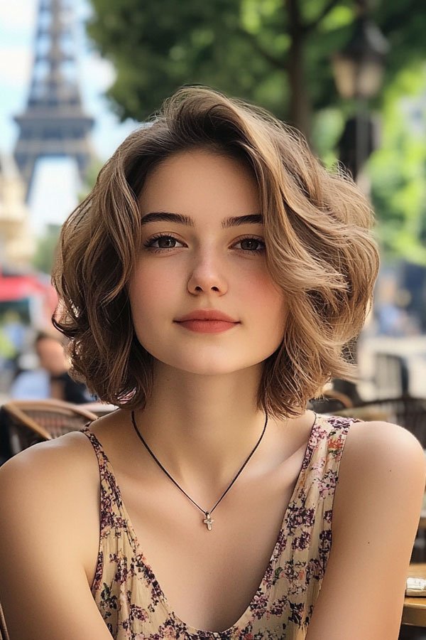 Light Brown Softly Tousled French Bob, French bob haircut, parisian bob haircut, french bob hairstyle with bangs