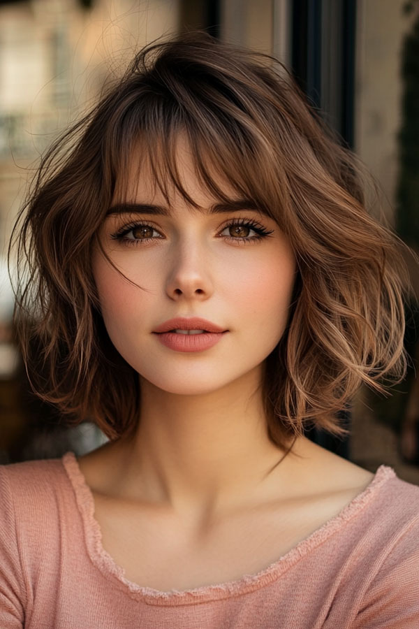 33 Chic Parisian French Bob Haircuts : Light Brown Bob with Undone Bangs