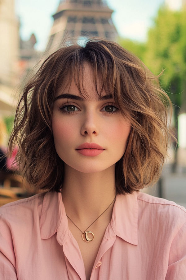 33 Chic Parisian French Bob Haircuts : Honey-Brown Bob with Undone Bangs