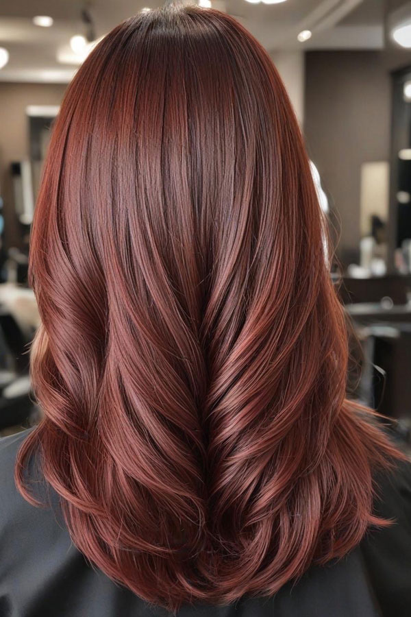 Rich Auburn Plum Layered Waves, autumn hair colour shades, fall hair color