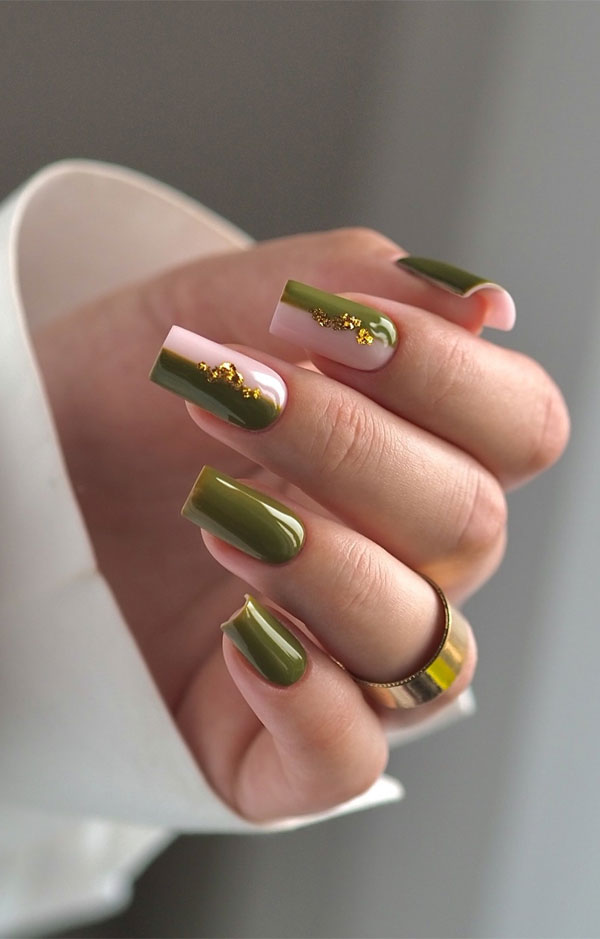 30 Cute Autumn Nail Designs to Fall For This Season : Half Nude Half Olive with Gold Accents