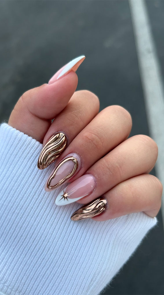 25 Stylish Autumn Nails To Make A Statement : 3D Rose Gold Glam with Celestial Touch