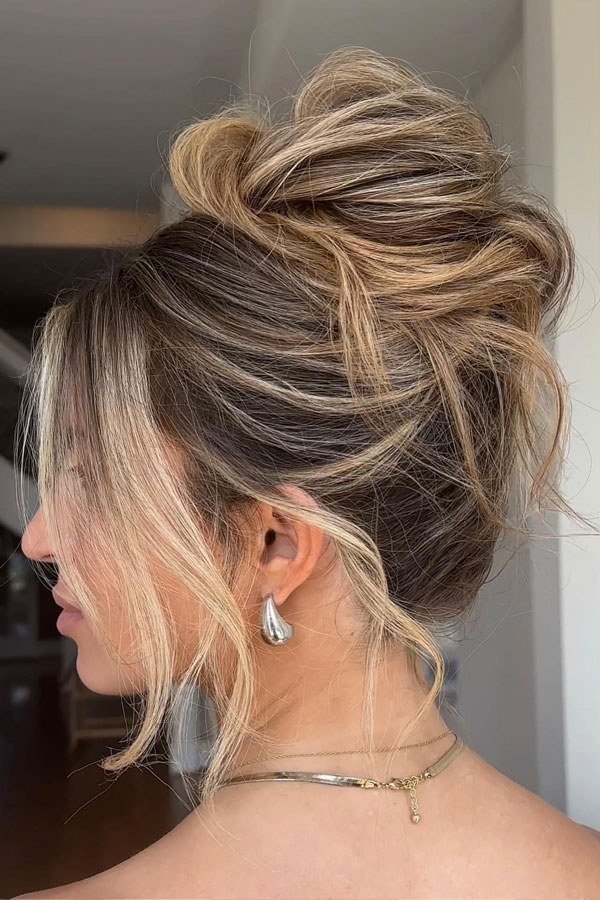 90s-Inspired Messy High Bun, Updo Hairstyle, updo wedding hairstyle