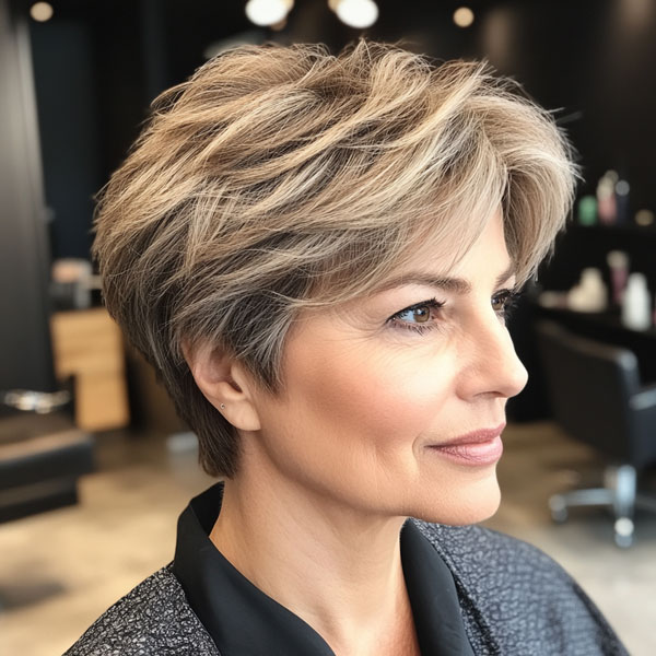 Ash Blonde Pixie with Layers, pixie hair cut for women over 50, pixie hair colour for women over 50