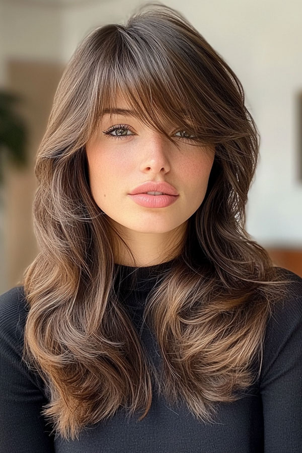 Ash Brown Layers with Side-Swept Bangs, layered haircut with fringe for long hair