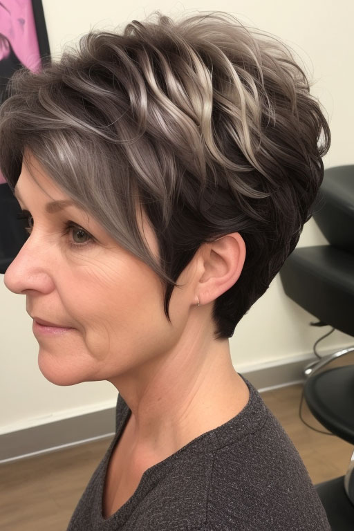 Ash Brown and Silver Pixie, pixie hair cut for women over 50, pixie hair colour for women over 50