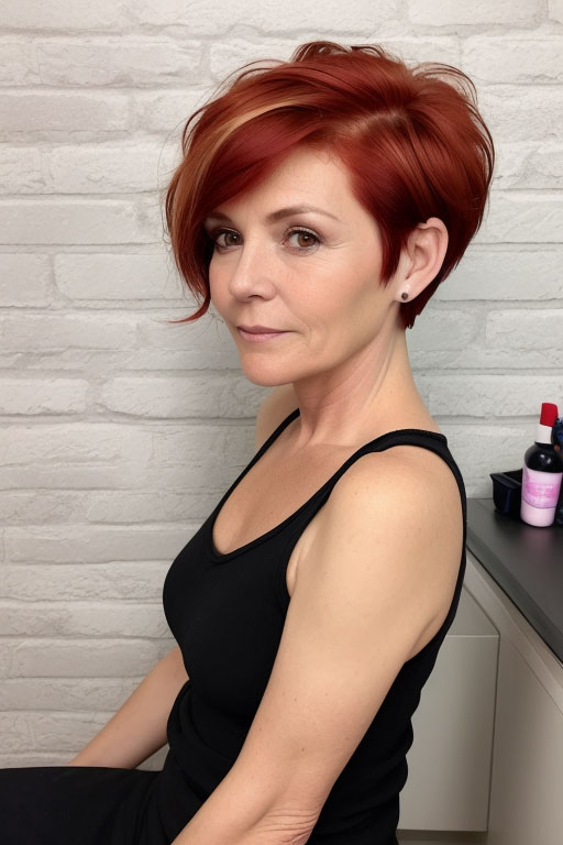 Asymmetrical Red Pixie, pixie hair cut for women over 50, pixie hair colour for women over 50