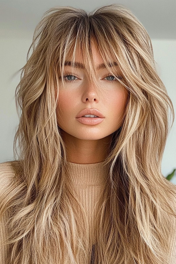 Beachy Blonde Shaggy for Long Hair, long layered haircut with fringe