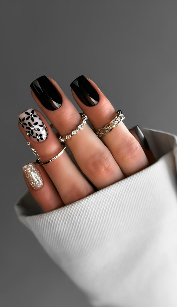 30 Cute Autumn Nail Designs to Fall For This Season : Black Floral and Gold Square Glam Nails