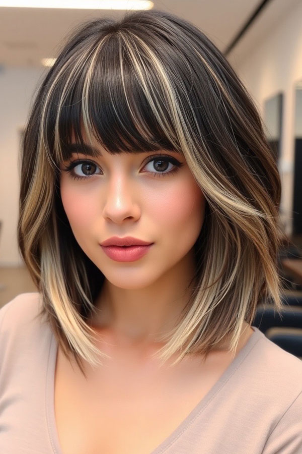 50 Chic Shoulder-Length Haircuts with Bangs : Blonde Highlighted Bob with Blunt Bangs