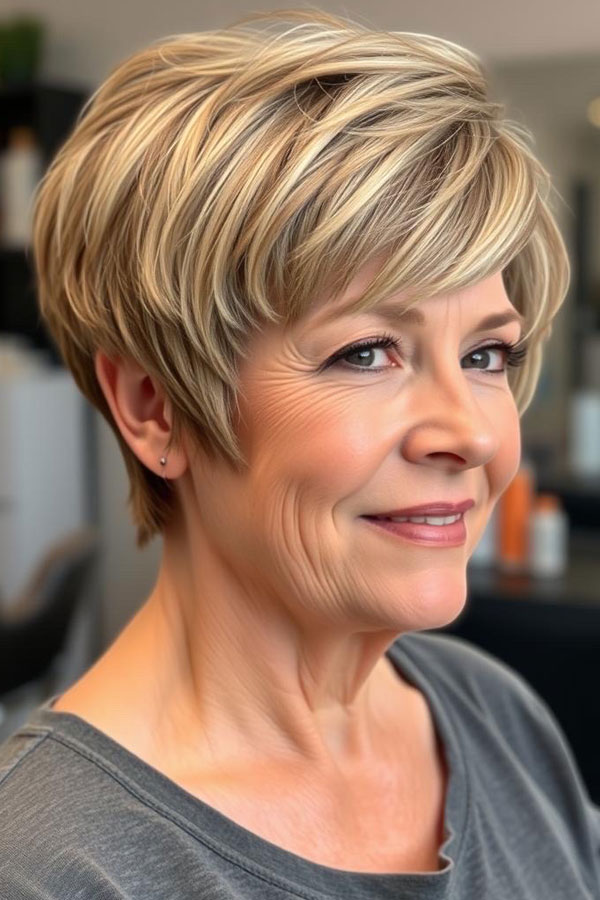 Blonde Pixie with Soft Layers, pixie hair cut for women over 50, pixie hair colour for women over 50