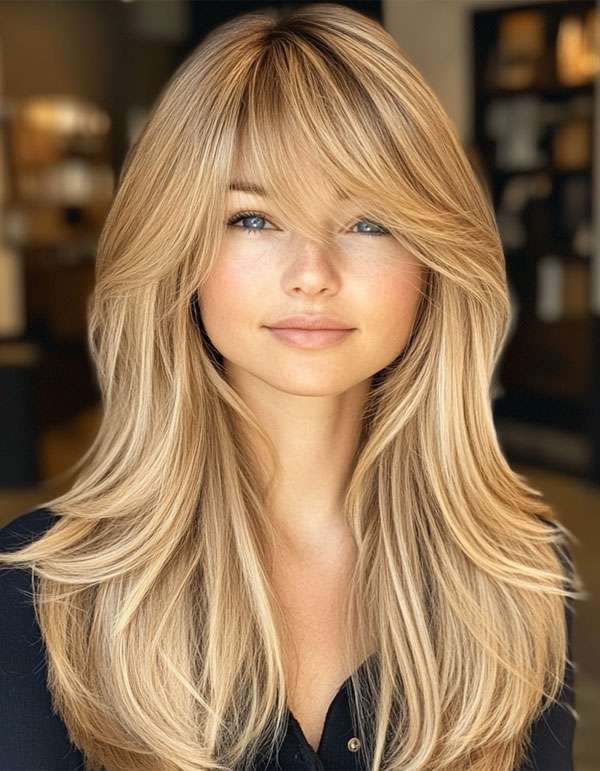 50 Layered Haircuts with Fringe For Long Hair : Blonde Sleek Layers with a Side Sweep