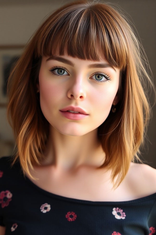 Blunt Bangs and Sleek Layers, chic shoulder length haircut with bangs, medium-length haircut with fringe