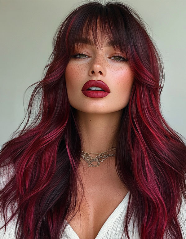 50 Layered Haircuts with Fringe For Long Hair : Bold Black and Red Ombre with Wispy Bangs