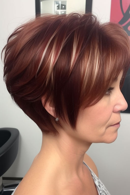 Bold Red with Blonde Highlights, pixie hair cut for women over 50, pixie hair colour for women over 50