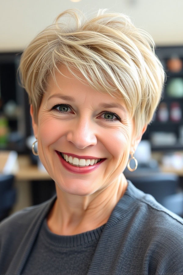 55 Pixie Colours for Women Over 50 : Bright Blonde Pixie with Soft Layers