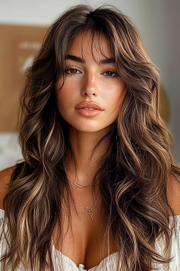 Bronzed Goddess Long Layers, long layered haircut with fringe