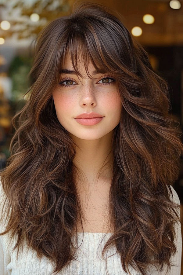 50 Layered Haircuts with Fringe For Long Hair Brunette Tousled Waves with Feathered Bangs