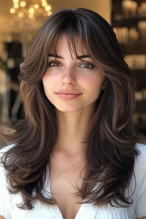 50 Layered Haircuts with Fringe For Long Hair : Brunette Voluminous Layers with Curtain Bangs