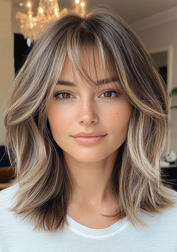 Brunette with Ash Blonde Highlights Soft Layers, medium-length hairstyle with beautiful hair colour