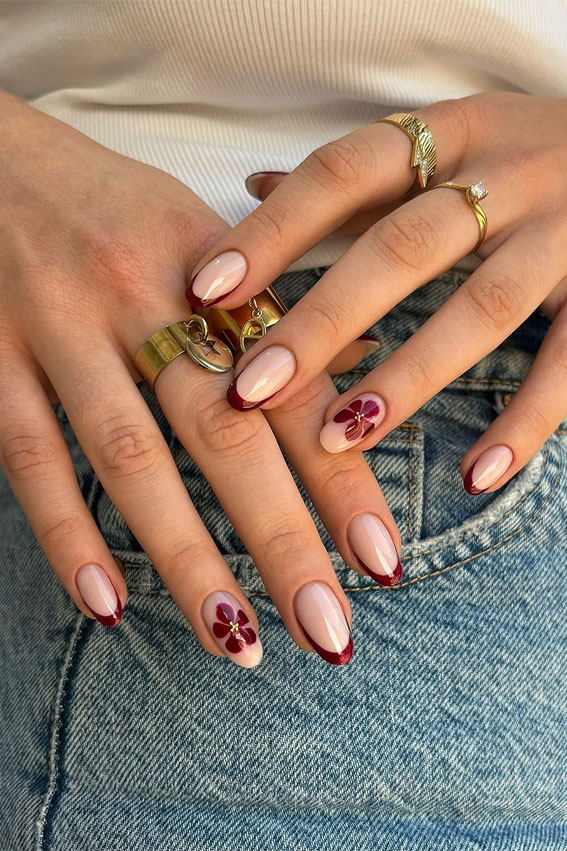 Burgundy Bloom French Elegance, stylish autumn nails, autumn nail art, autumn nail designs, trendy fall nails