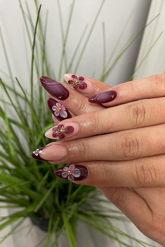 25 Stylish Autumn Nails To Make A Statement : Burgundy Blossoms