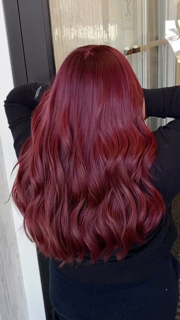 30 Radiant Red Hair Shades for Autumn : Burgundy Long Soft Waves 