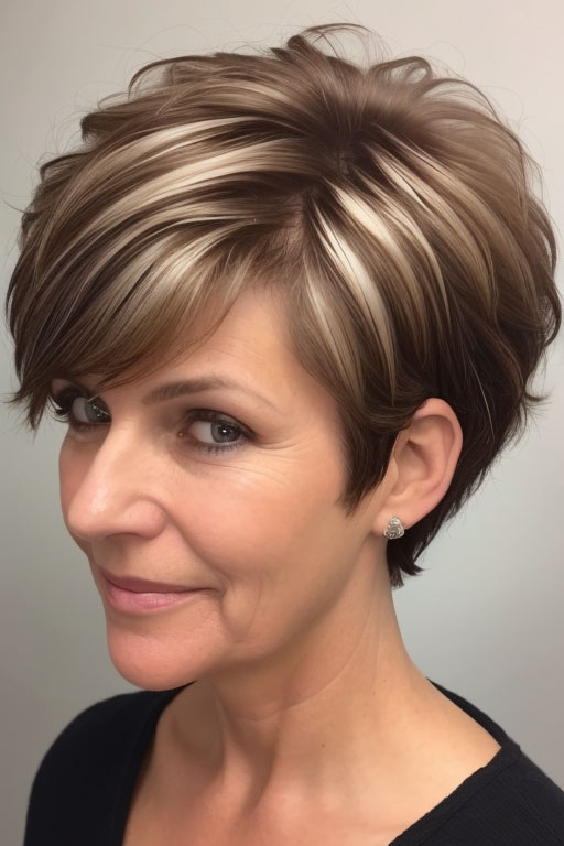 Caramel Highlights on Brunette Pixie, pixie hair cut for women over 50, pixie hair colour for women over 50