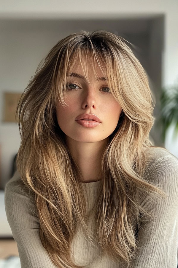 Champagne Blonde Layers with Curtain Bangs