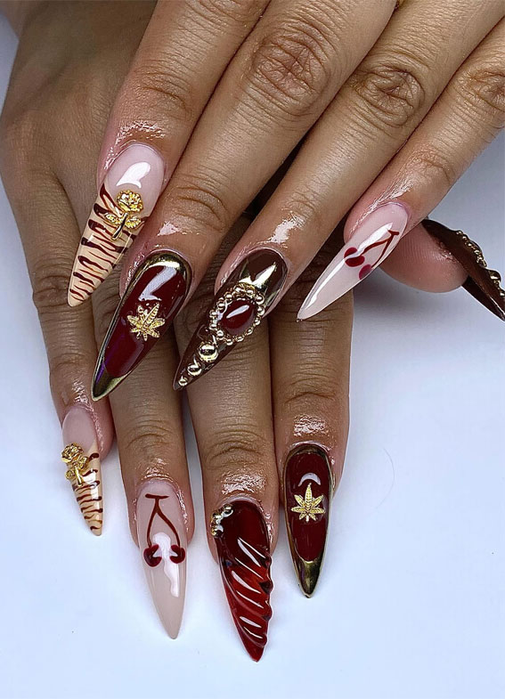 25 Stylish Autumn Nails To Make A Statement : Cherry & Gold Luxe Drama Stiletto Nails