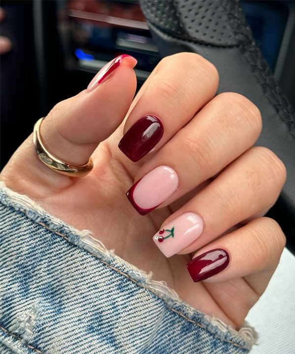 30 Cute Autumn Nail Designs to Fall For This Season : Cherry Red French Tips