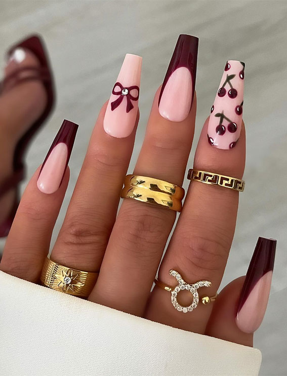 Cherry & Bow French Elegant Nails, , stylish autumn nails, autumn nail art, autumn nail designs, trendy fall nails