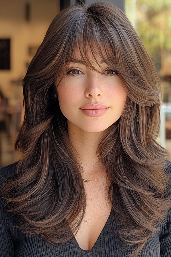 Chestnut Brown Layers with Subtle Bangs