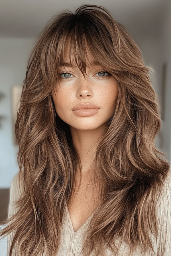 35 Effortless Rock Star Layered Haircuts : Chestnut Layered Haircut with Curtain Bangs