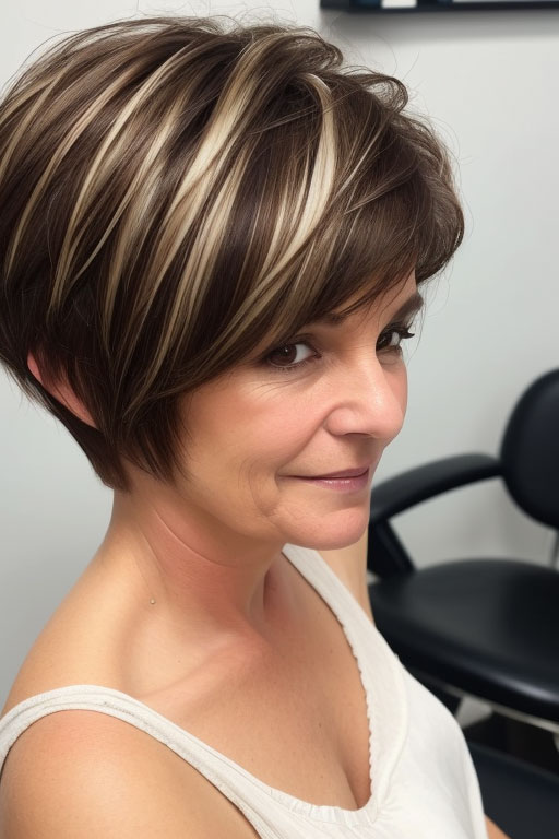 55 Pixie Colours for Women Over 50 : Chestnut Pixie with Blonde Streaks