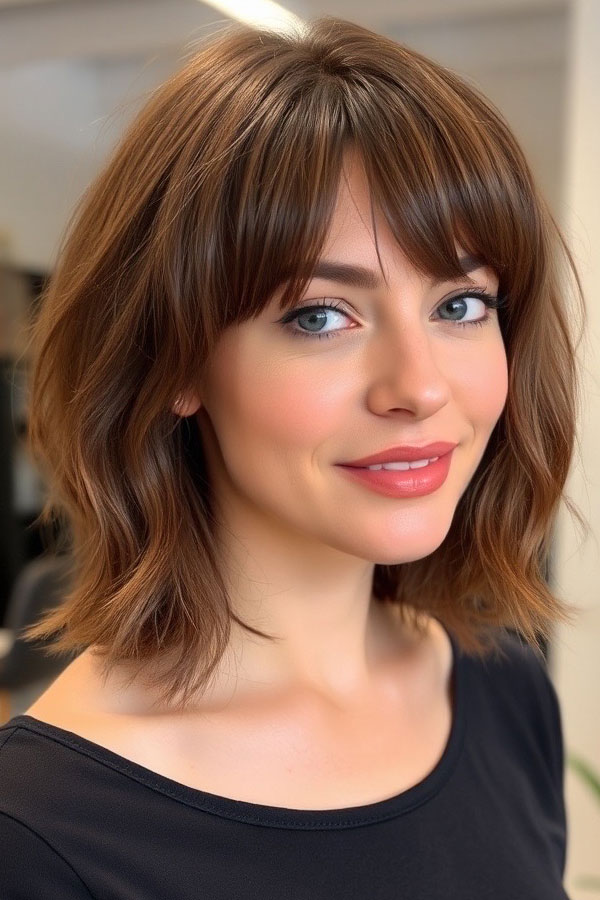 50 Chic Shoulder-Length Haircuts with Bangs : Chestnut Soft Layered Bob Curtain Bangs