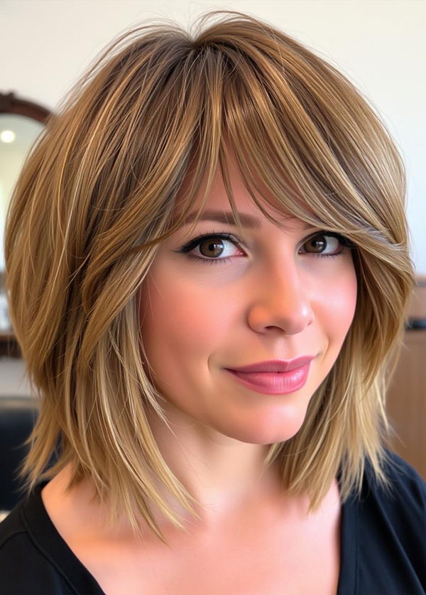 Chic Golden Layers with Side-Swept Fringe, medium length hairstyle with beautiful hair colour