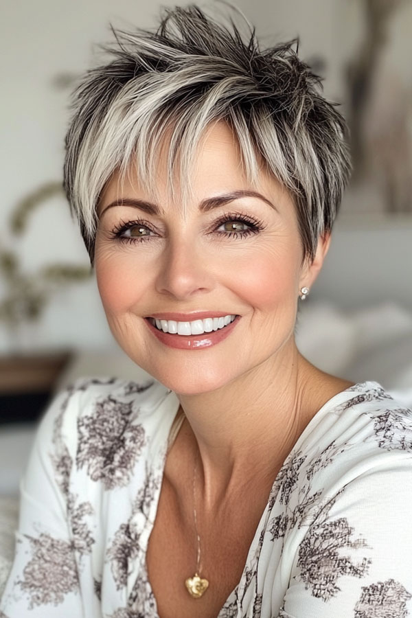 Chic Salt-and-Pepper Spiky Pixie, pixie hair cut for women over 50, pixie hair colour for women over 50