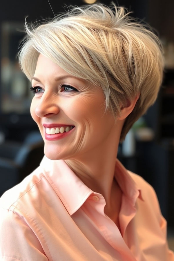 Chic Silver Blonde Pixie, pixie hair cut for women over 50, pixie hair colour for women over 50