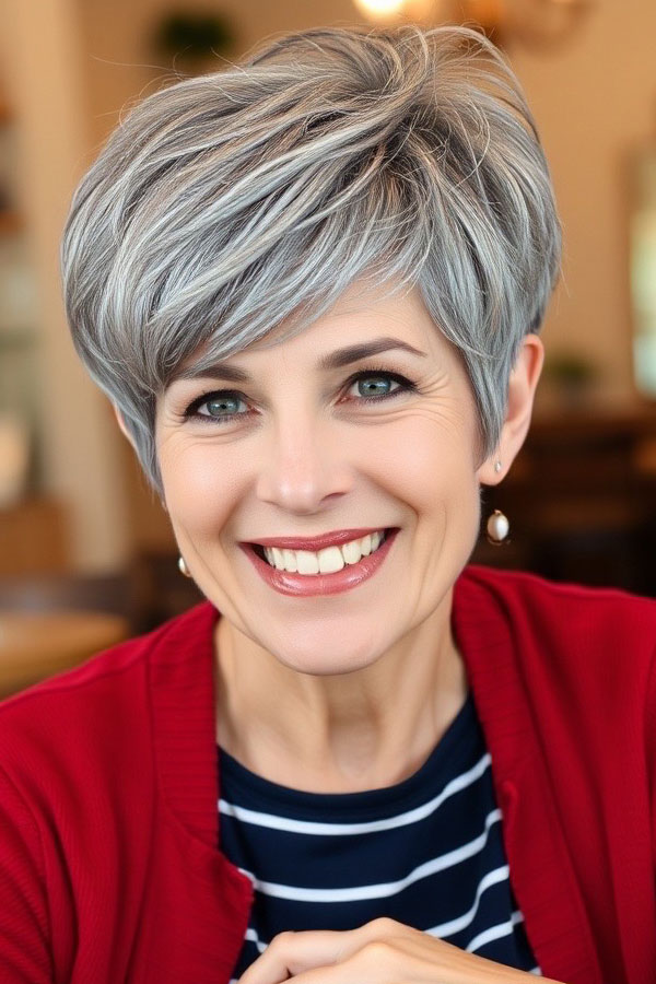 Chic Silver Pixie, pixie hair cut for women over 50, pixie hair colour for women over 50