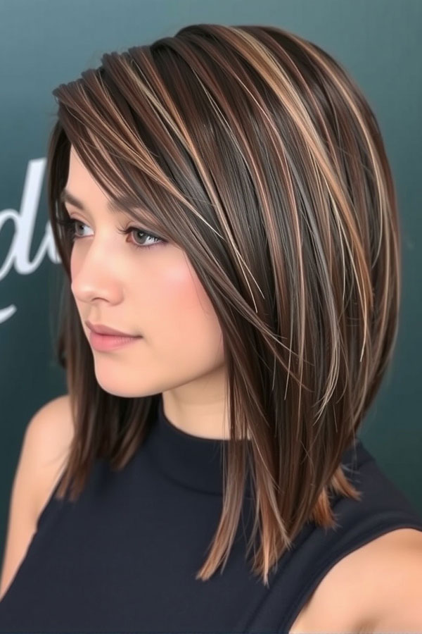 35 Angled Bob Haircuts For A Modern Look : Chocolate Brown Angled Bob with Caramel Highlights