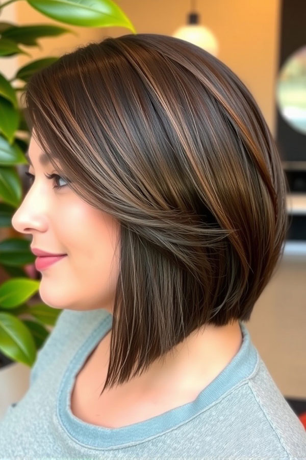 35 Angled Bob Haircuts For A Modern Look : Chocolate Brown Angled Bob with Subtle Highlights