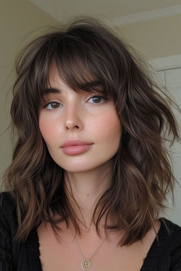 50 Chic Shoulder-Length Haircuts with Bangs : Choppy Layers with Curtain Bangs